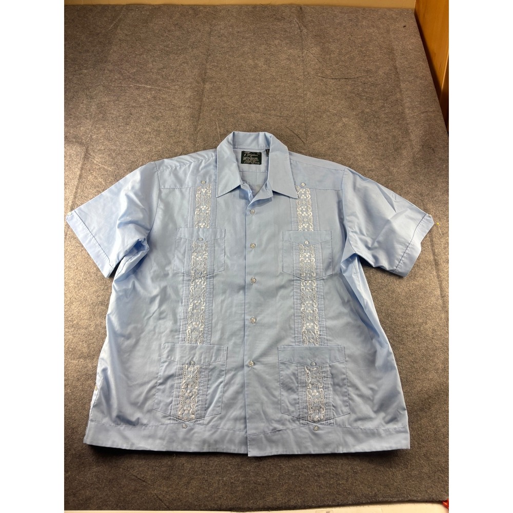 Haband Guayabera Shirt Mens 2XL Blue Embroidered Short Sleeve Mexican Cuban